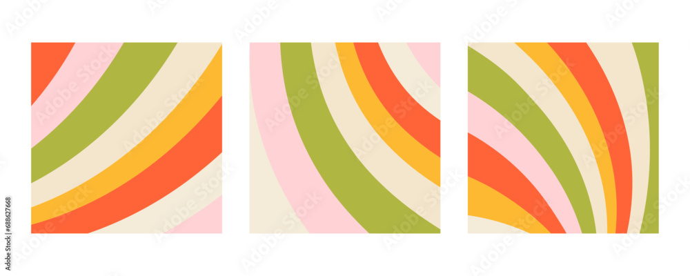Set of rainbow backgrounds. Psychedelic design in 60-70s. Colored. Pattern in hippie design. Y2k style. White background. Groovy. Trippy