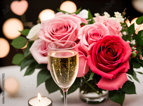 Romantic hearts champagne roses perfect Valentines atmosphere.