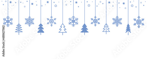 christmas banner with hanging snowflake and fir trees border vector illustration EPS10