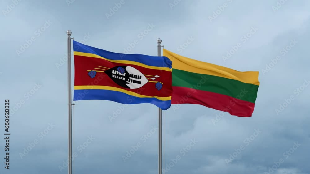 Lithuania flag and Eswatini flag waving together on cloudy sky, endless seamless loop, two country relations concept Lithuania flag and Eswatini flag waving together on cloudy sky, endless seamless loop, two country relations concept