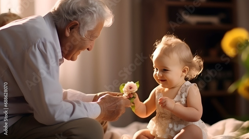 Grandfather giving flower to his granddaughter in living room