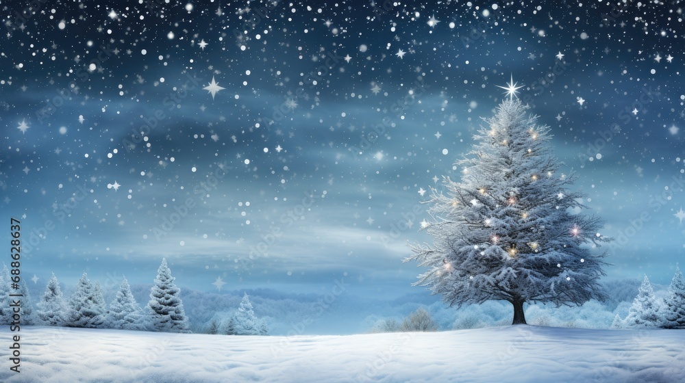 Fototapeta premium Winter Wonderland Celebration: Holiday Festive Background with Snowy Tree and Garland Lights