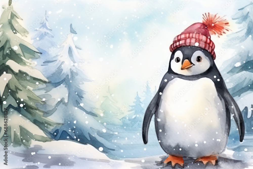 Portrait of a penguin in santa's hat in winter, with copy space