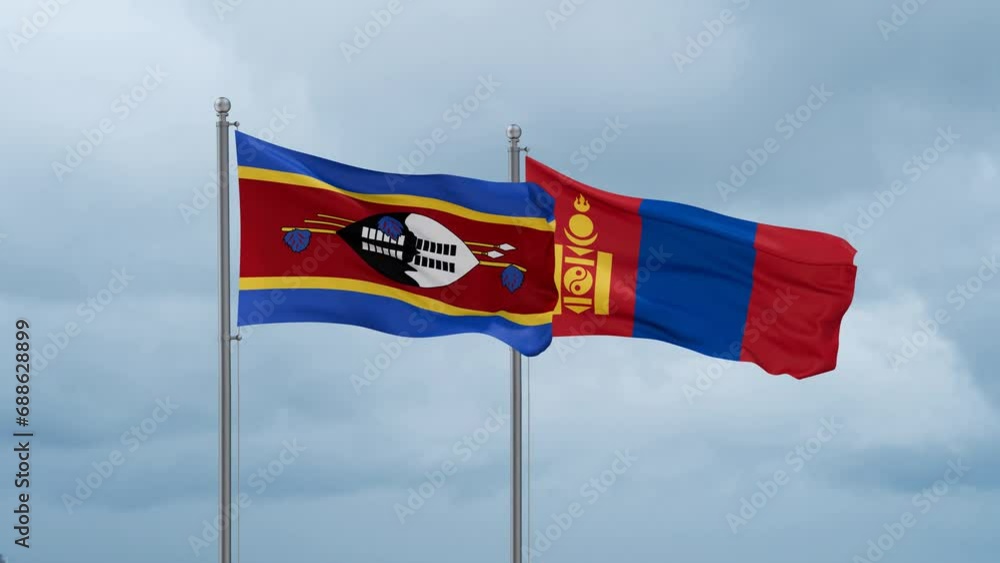 Mongolia and Eswatini flag waving together on cloudy sky, endless seamless loop, two country cooperation concept Mongolia and Eswatini flag waving together on cloudy sky, endless seamless loop, two country cooperation concept