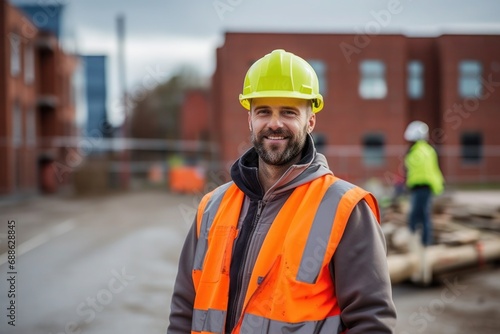 portrait of a smiling builder on a building site © Elena