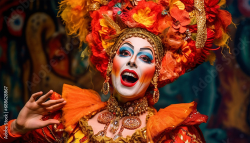 traditional British pantomime actors on stage in theater wearing colorful costumes they are performing and singing and wear makeup English theater concept photo