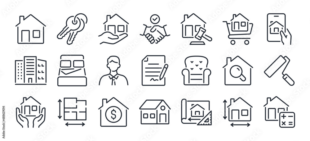 Real estate editable stroke outline icons set isolated on white background flat vector illustration. Pixel perfect. 64 x 64. - obrazy, fototapety, plakaty 