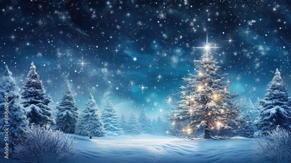 Winter Wonderland Celebration: Holiday Festive Background with Snowy Tree and Garland Lights