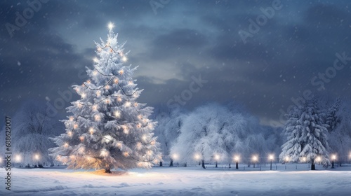 Winter Wonderland Celebration  Holiday Festive Background with Snowy Tree and Garland Lights