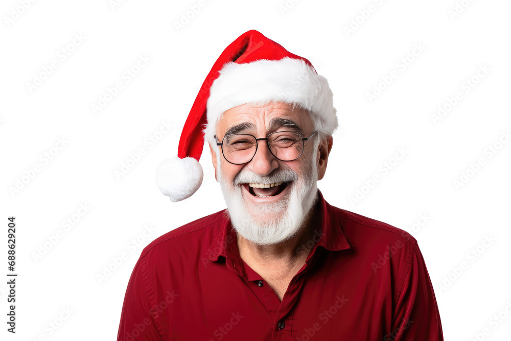 Studio portrait of an elderly man with a white beard smiling happily wearing a red Santa cap hat at Christmas isolated on transparent background. Studio portrait of an elderly man with a white beard smiling happily wearing a red Santa cap hat at Christmas isolated on transparent background.