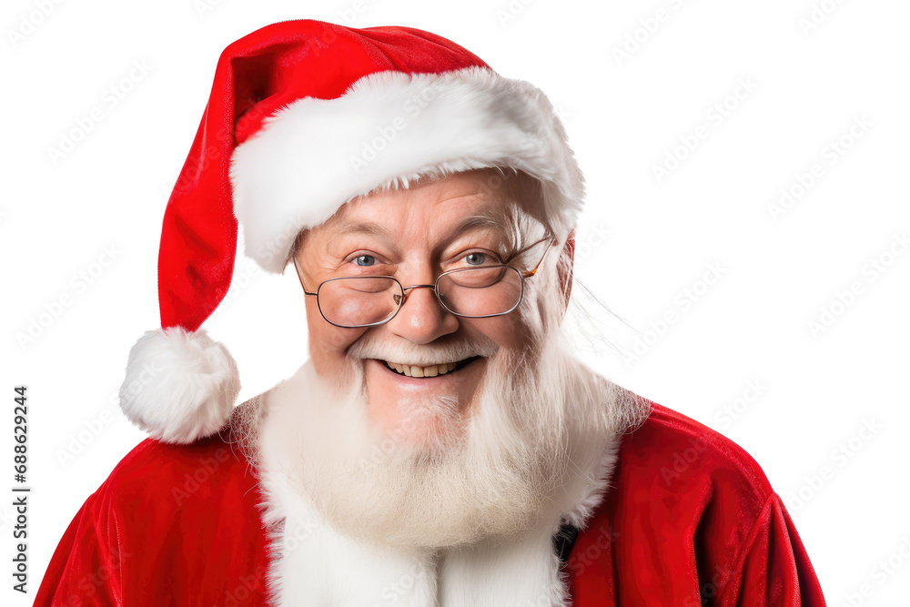 Studio portrait of an elderly man with a white beard smiling happily wearing a red Santa cap hat at Christmas isolated on transparent background. Studio portrait of an elderly man with a white beard smiling happily wearing a red Santa cap hat at Christmas isolated on transparent background.