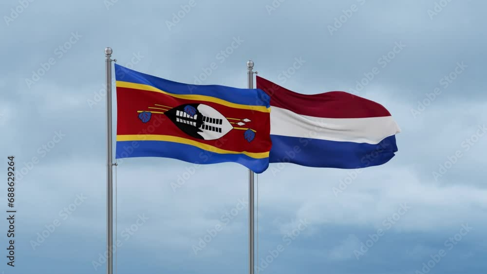 Netherlands flag and Eswatini flag waving together on cloudy sky, endless seamless loop, two country relations concept Netherlands flag and Eswatini flag waving together on cloudy sky, endless seamless loop, two country relations concept