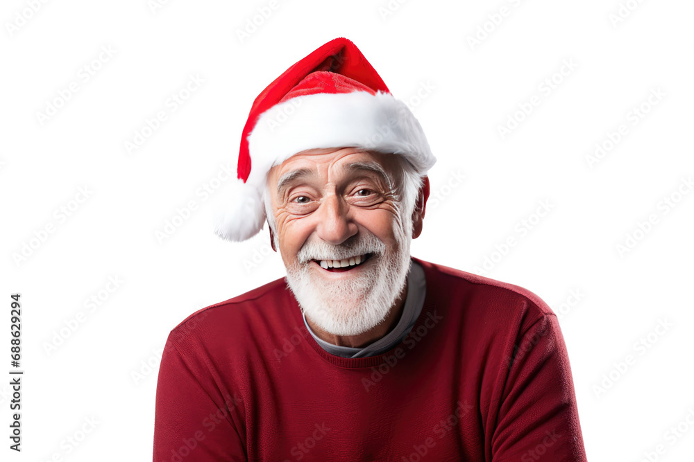 Studio portrait of an elderly man with a white beard smiling happily wearing a red Santa cap hat at Christmas isolated on transparent background. Studio portrait of an elderly man with a white beard smiling happily wearing a red Santa cap hat at Christmas isolated on transparent background.