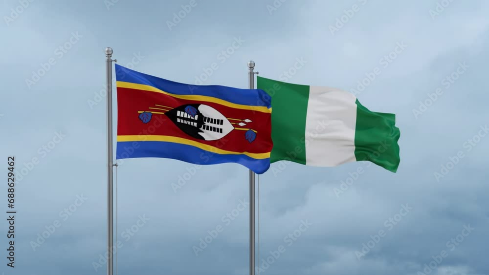 Nigeria flag and Eswatini flag waving together on cloudy sky, endless seamless loop, two country relations concept Nigeria flag and Eswatini flag waving together on cloudy sky, endless seamless loop, two country relations concept