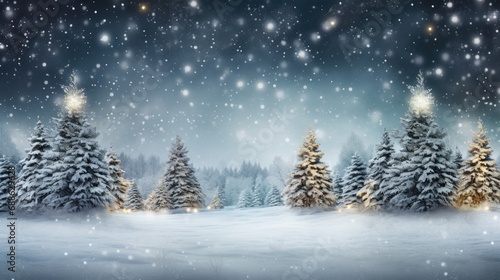 Winter Wonderland Celebration: Holiday Festive Background with Snowy Tree and Garland Lights