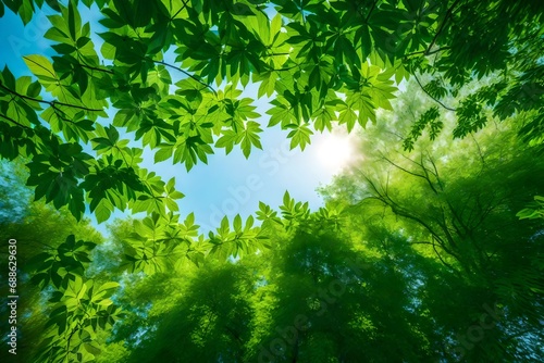 Fresh Green Leaves And Sky captured in a photograph  showcasing a canopy of vibrant green leaves against a clear blue sky
