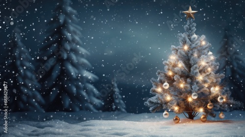 Winter Wonderland Celebration: Holiday Festive Background with Snowy Tree and Garland Lights
