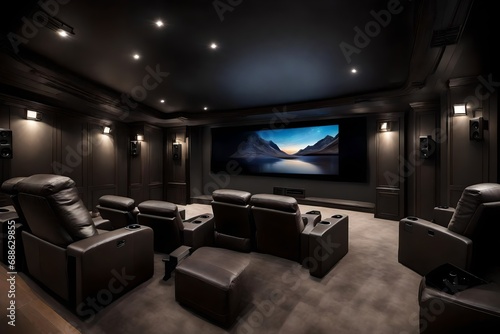 Sleek home theater setup with a large screen, comfy recliners, and ambient LED lighting  © Ibrar Artist