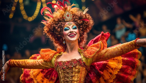 traditional British pantomime actors on stage in theater wearing colorful costumes they are performing and singing and wear makeup English theater concept photo