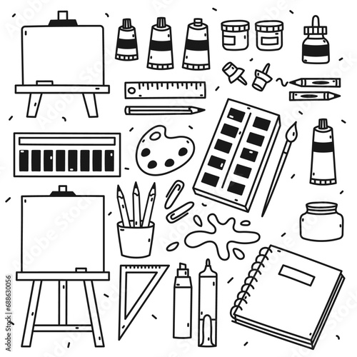 Set of art materials doodle, hand draw, on white background, flat vector illustrations