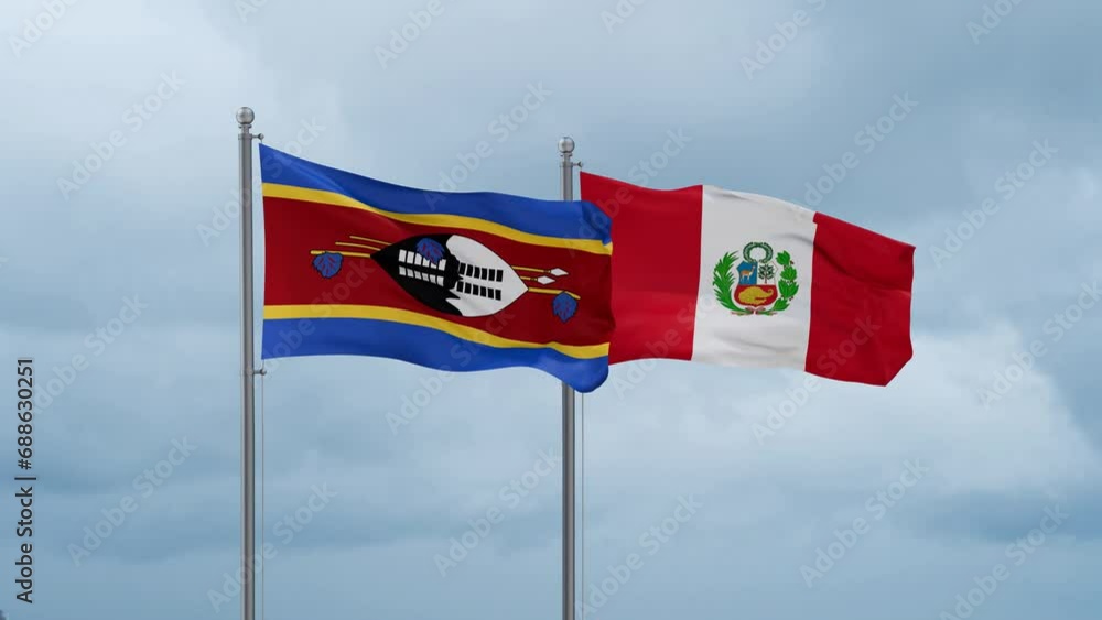 Peru and Eswatini flag waving together on cloudy sky, endless seamless loop, two country cooperation concept Peru and Eswatini flag waving together on cloudy sky, endless seamless loop, two country cooperation concept