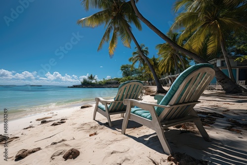 Luxury beach resort, beach loungers near the sea with white sand over sea. View of bavaro beach, punta cana, dominican republic, west indies, caribbean, central america photo