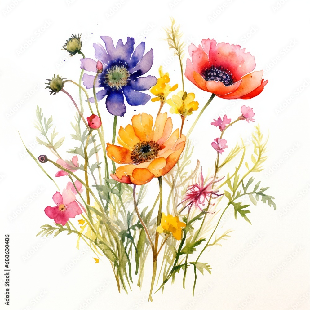 Watercolor wildflower and herb bouquets