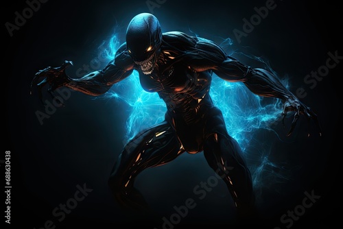 Menacing Alien Monster in Action Pose with Dramatic Dark Background.by Generative AI.