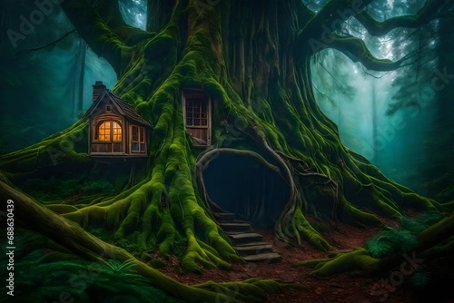 A whimsical scene of a house nestled inside a tree within a mystical forest, the atmosphere filled with enchantment and mystery