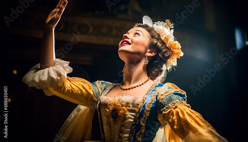 traditional British pantomime actors on stage in theater wearing colorful costumes they are performing and singing and wear makeup English theater concept photo