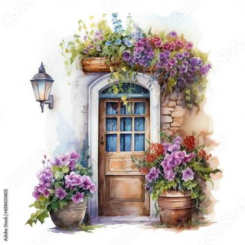 watercolour cozy door with flowers on white background