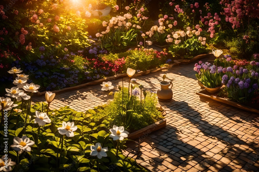 A springtime garden captured during the golden hour, the warm sunlight casting long shadows over the blooming flowers