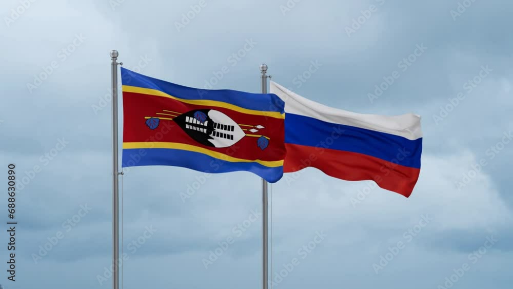 Russian Federation and Eswatini flag waving together on cloudy sky, endless seamless loop Russian Federation and Eswatini flag waving together on cloudy sky, endless seamless loop