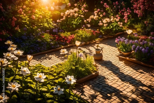 A springtime garden captured during the golden hour, the warm sunlight casting long shadows over the blooming flowers