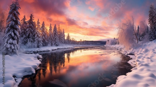 a river surrounded by snow covered trees at sunset
