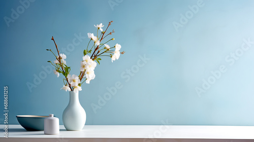 Minimalistic Interior With Marble Countertop And Vases With Flowers On A Blue Background - legal AI 