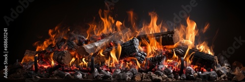 Burning Woodfire Fireplace On Black Background , Banner Image For Website, Background, Desktop Wallpaper