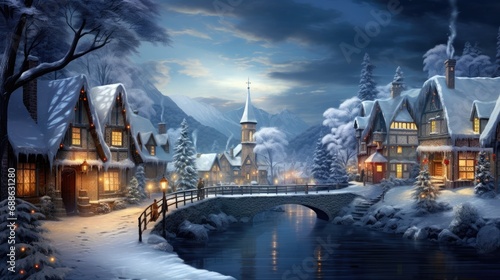 a illustration of a snowy village at night