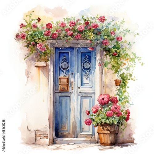watercolour cozy door with flowers on white background © antusher