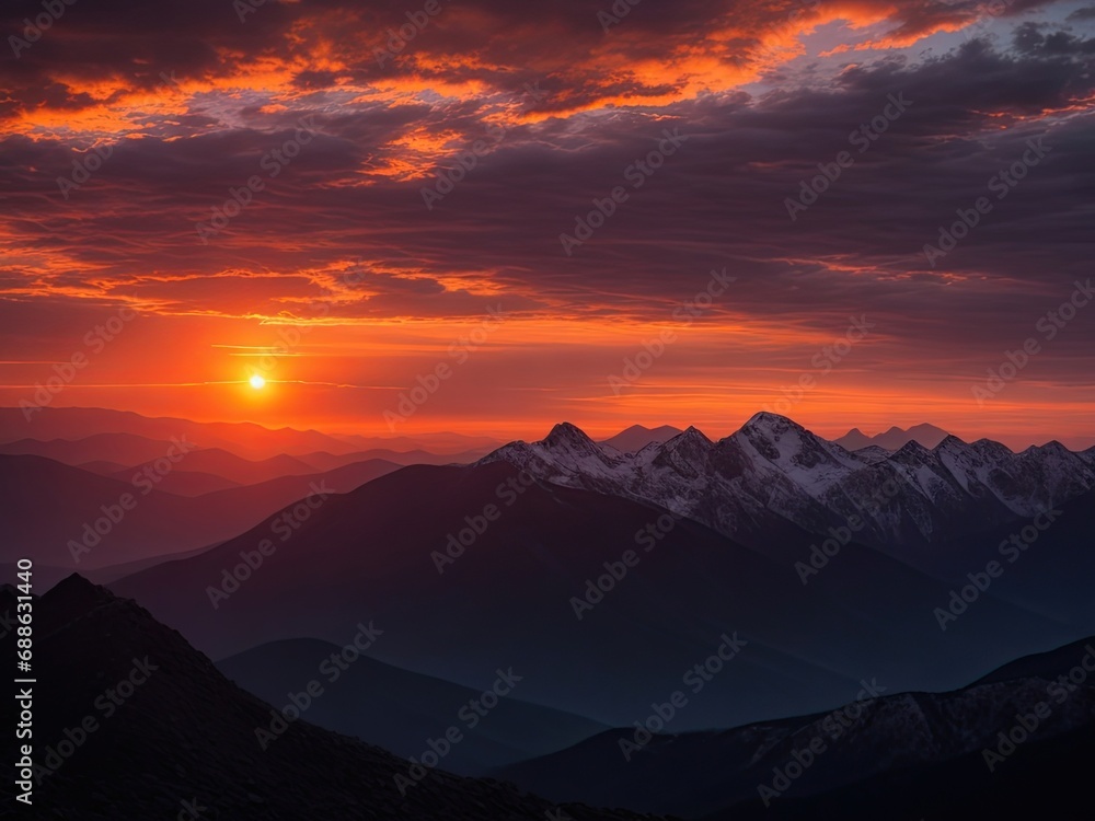 Photo A Dramatic Sunset Over A Mountain Range Generative AI