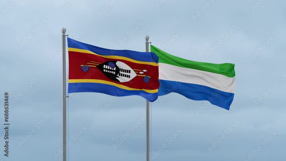 Sierra Leone or Salone and Eswatini flag waving together on cloudy sky, endless seamless loop, two country cooperation concept Sierra Leone or Salone and Eswatini flag waving together on cloudy sky, endless seamless loop, two country cooperation concept