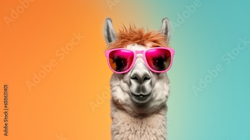 llama in stylish sunglasses: quirky commercial editorial image on solid pastel background, surreal surrealism concept