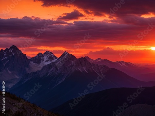 Photo A Dramatic Sunset Over A Mountain Range Generative AI © sanverrstudio