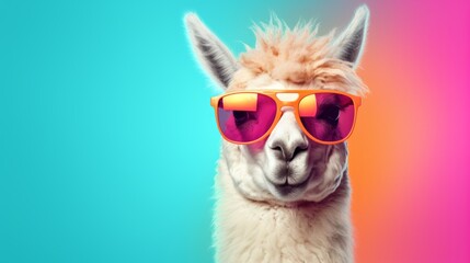 llama in stylish sunglasses: quirky commercial editorial image on solid pastel background, surreal surrealism concept