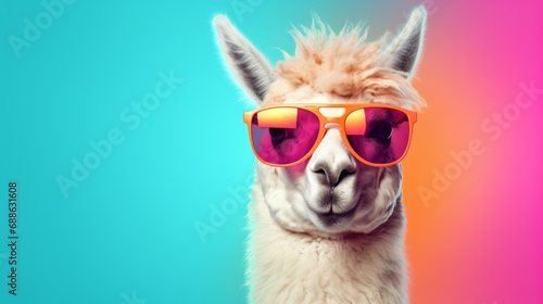 llama in stylish sunglasses: quirky commercial editorial image on solid pastel background, surreal surrealism concept photo