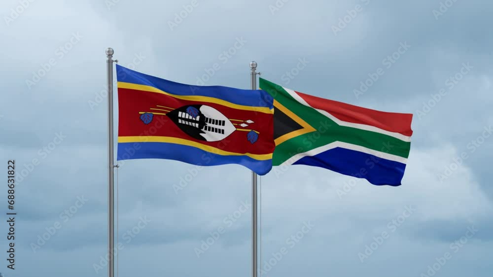 Republic of South Africa and Eswatini flag waving together on cloudy sky, endless seamless loop, two country cooperation concept Republic of South Africa and Eswatini flag waving together on cloudy sky, endless seamless loop, two country cooperation concept