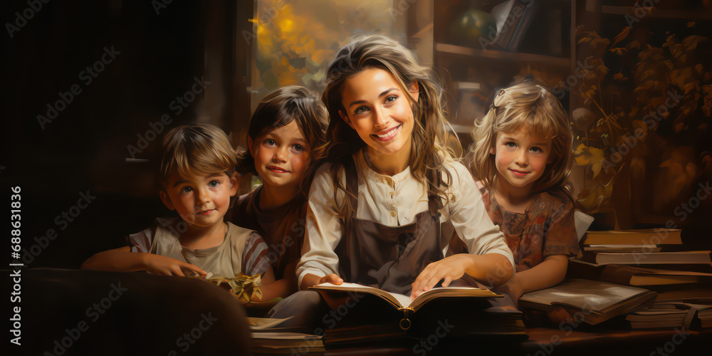 Woman smiling and reading a book surrounded by kids.  Made with Generative AI.