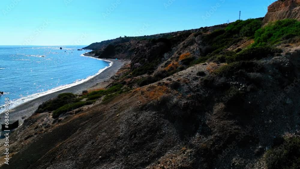 Aerial: Drone Forward Beautiful View Of Rock Formation By Sea On Sunny Day - Paphos, Cyprus Aerial: Drone Forward Beautiful View Of Rock Formation By Sea On Sunny Day - Paphos, Cyprus