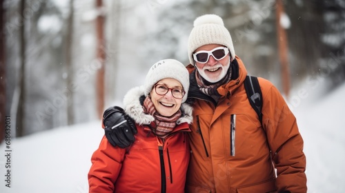 Portrait of an elderly couple in red ski suits, glasses against the background of a snow-covered mountainside, forest. Active elderly.