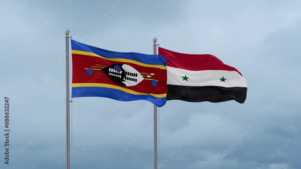 Syrian Arab Republic, Syria and Eswatini flag waving together on cloudy sky, endless seamless loop, two country cooperation concept Syrian Arab Republic, Syria and Eswatini flag waving together on cloudy sky, endless seamless loop, two country cooperation concept
